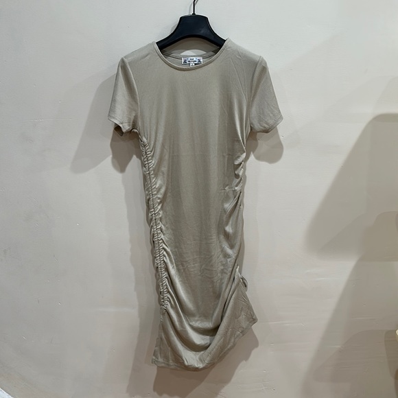Forever 21 Poof Women’s Ruched Drawstring T-Shirt Dress Bodycon Tibbed Taupe M - Picture 6 of 9